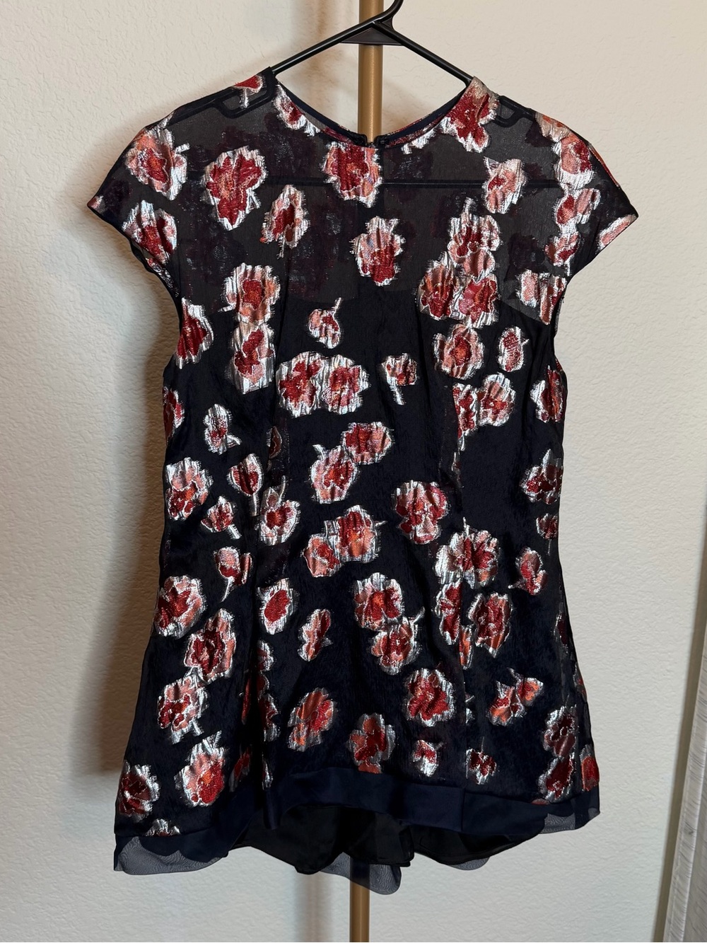 Lela Rose Black Jacquard Cap-Sleeve Silk? Top Blouse